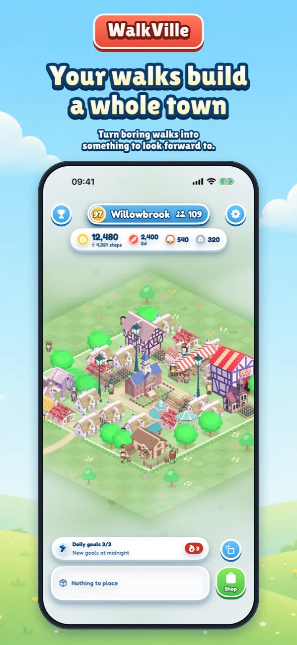 A busy isometric village: “Your walks build a whole town”