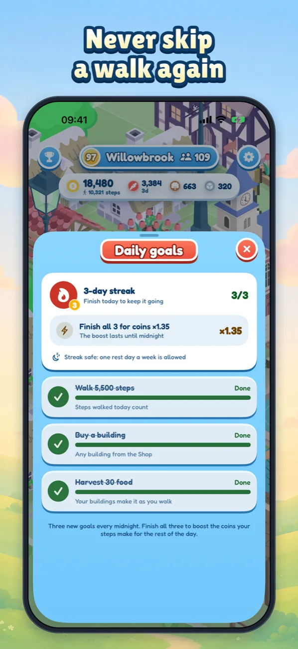 Daily goals and a streak: “Never skip a walk again”